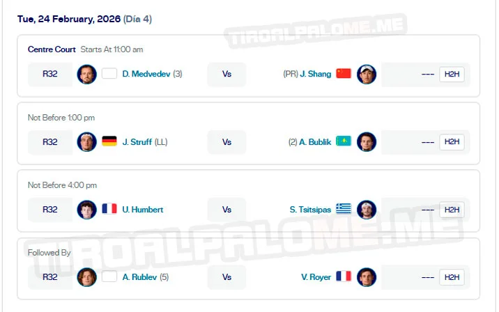atp dubai ronda1 partidos martes24 febrero 2026 tiroalpalo